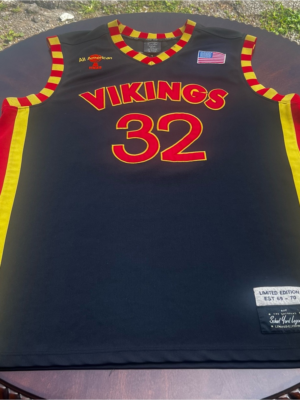 Vikings #32 Basketball Jersey - Black with Red & Yellow Trim
